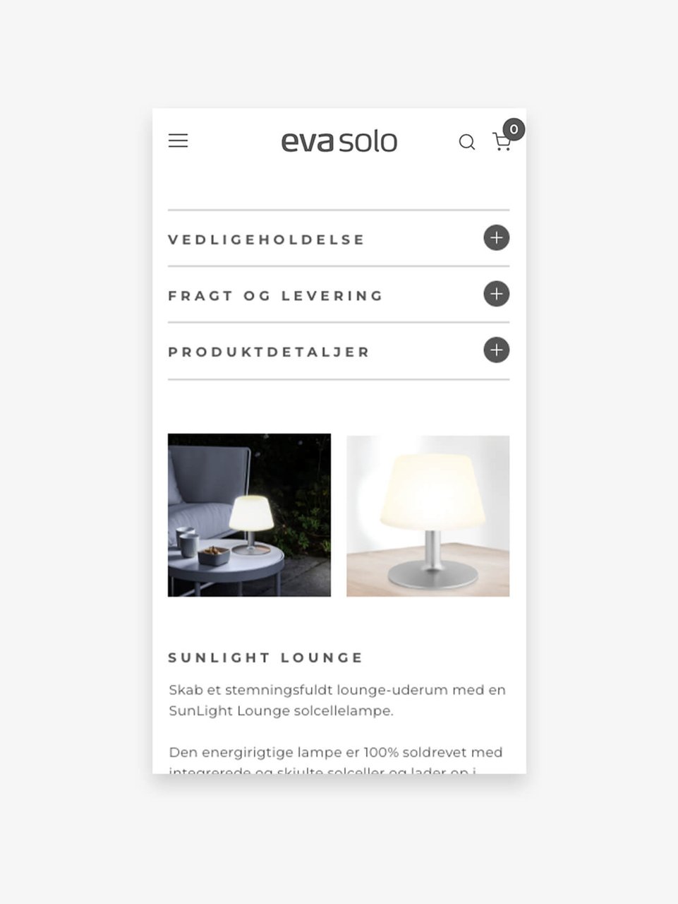 Mobilvisning af varekort på ny webshop for Eva Solo