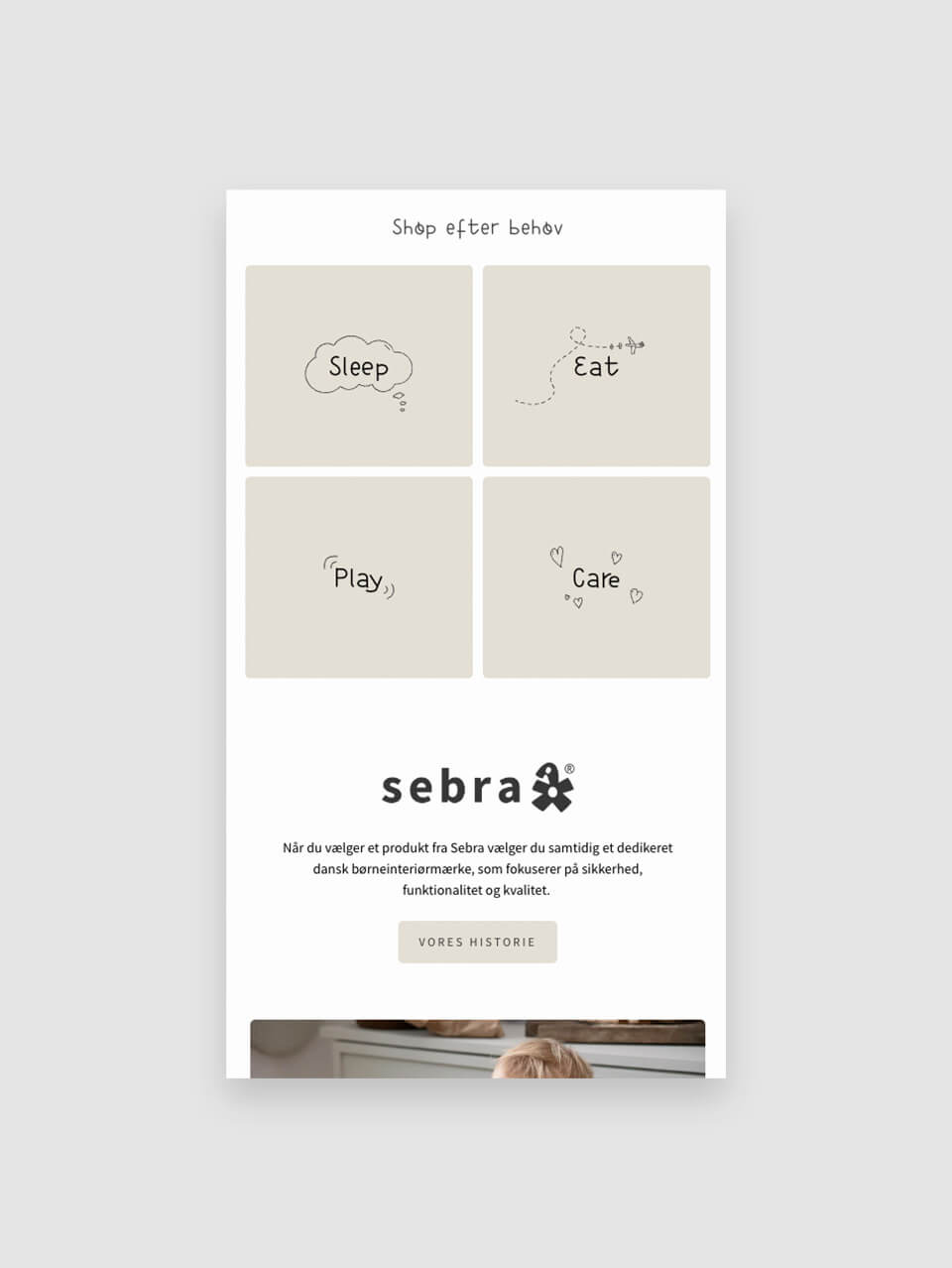 Mobilvisning af Sebras webshop - Sleep, eat, play, care