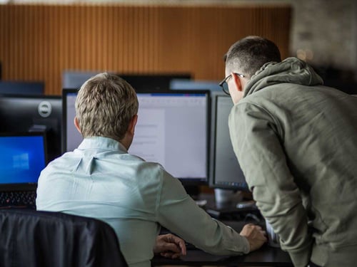 To IT-konsulenter står med ryggen til og kigger på en computer